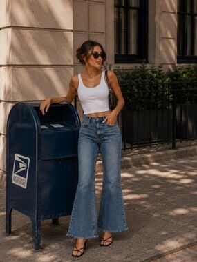 We The Free People Bell Bottoms High Rise Flare Jeans Denim Raw Helm Sz 29